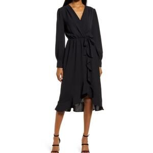 Fraiche by J Faux Wrap Ruffle Long Sleeve Dress In Black. Size XL. NWOT